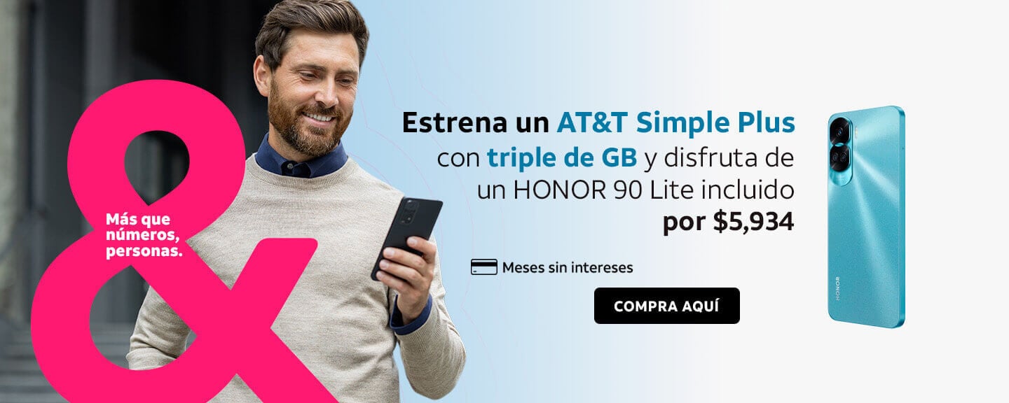 Estrena un AT&T Simple Plus con triple de GB y disfruta de un HONOR 90 Lite incluido por $5,934