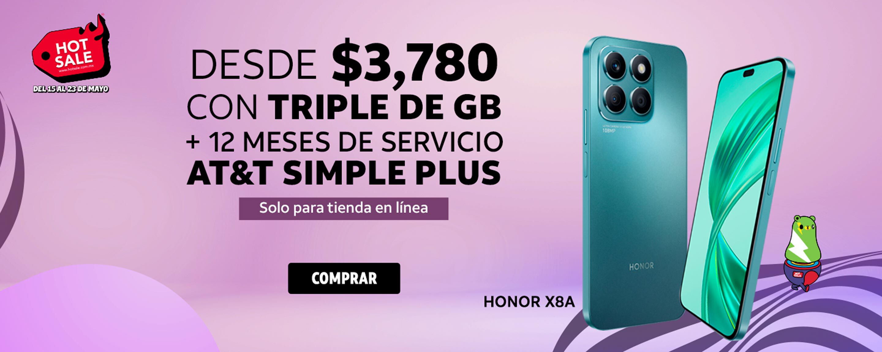 Honor X8A DESDE $3,780 CON TRIPLE DE GB + 12 MESES DE SERVICIO AT&T SIMPLE PLUS