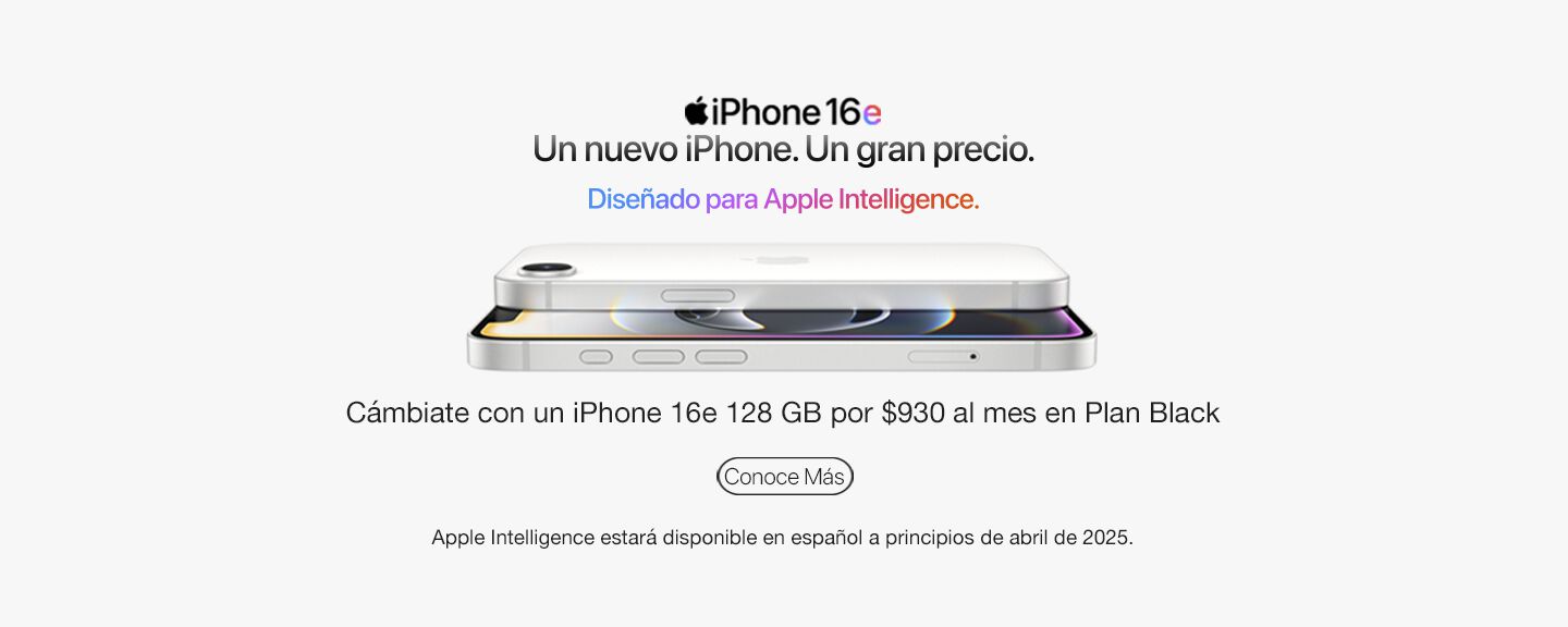 Un nuevo iPhone. Un gran precio. Diseñado para Apple Intelligence. Cámbiate con un iPhone 16e 128 GB por $930 al mes en Plan Black