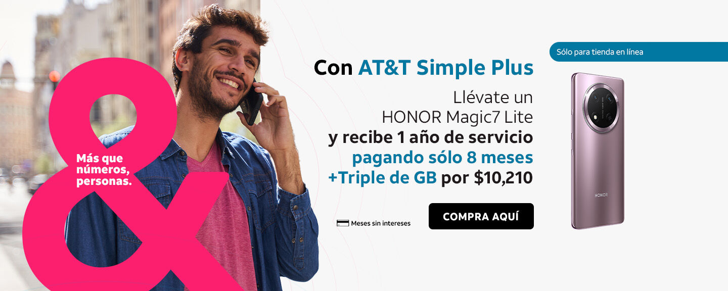 Con AT&T Simple Plus Llévate un HONOR Magic7 Lite y recibe 1 año de servicio pagando sólo 8 meses + Triple de GB por $10,210