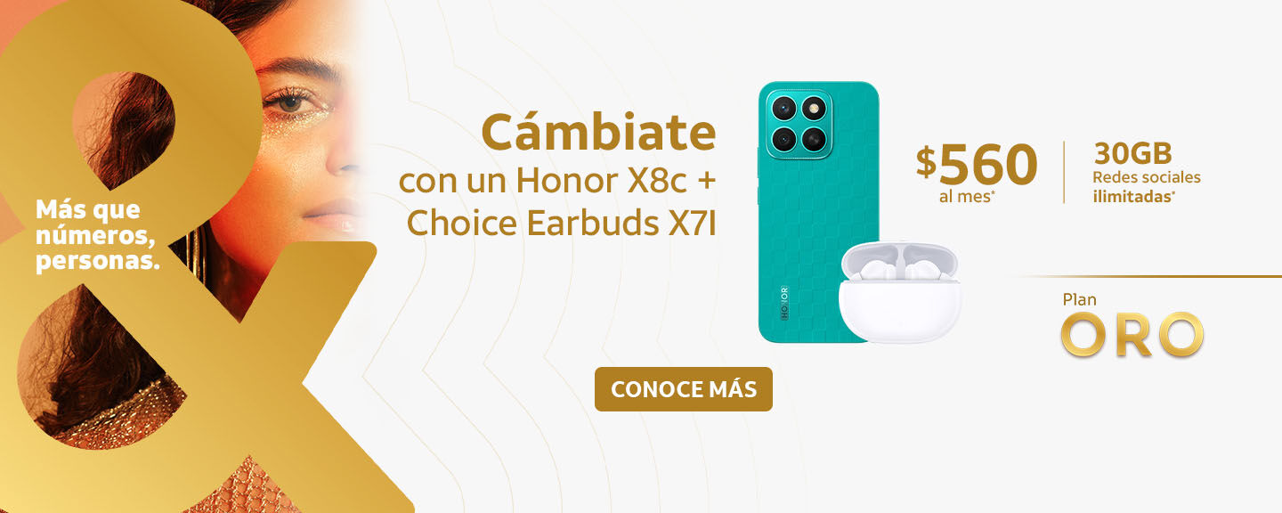 Cámbiate con un Honor X8c + Choice Earbuds X7l $560 al mes 30GB Redes sociales ilimitadas*