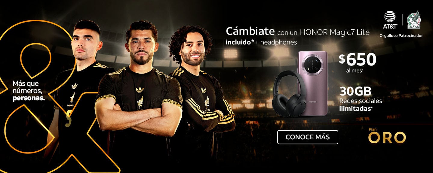 Cámbiate con un HONOR Magic7 Lite incluido*+ headphones $650 al mes* 30GB Redes sociales ilimitadas* AT&T Orgulloso Patrocinador CONOCE MÁS RIAL