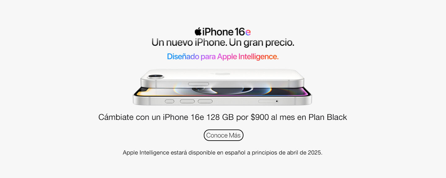 Un nuevo iPhone. Un gran precio. Diseñado para Apple Intelligence. Cámbiate con un iPhone 16e 128 GB por $900 al mes en Plan Black