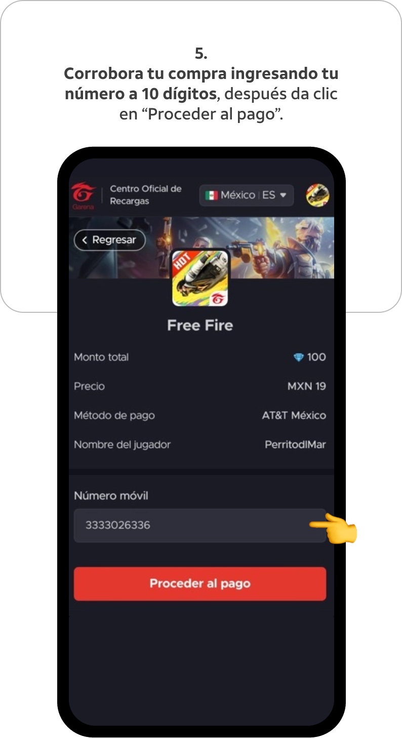 Corrobora tu compra ingresando tu número a 10 dígitos, después da clic en "Proceder al pago"
