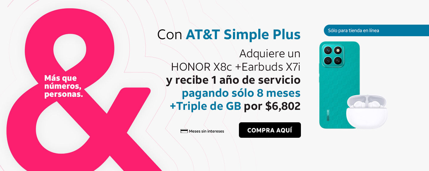 Con AT&T Simple Plus Sólo para tienda en línea Adquiere un HONOR X8c + Earbuds X7i y recibe 1 año de servicio pagando sólo 8 meses +Triple de GB por $6,802