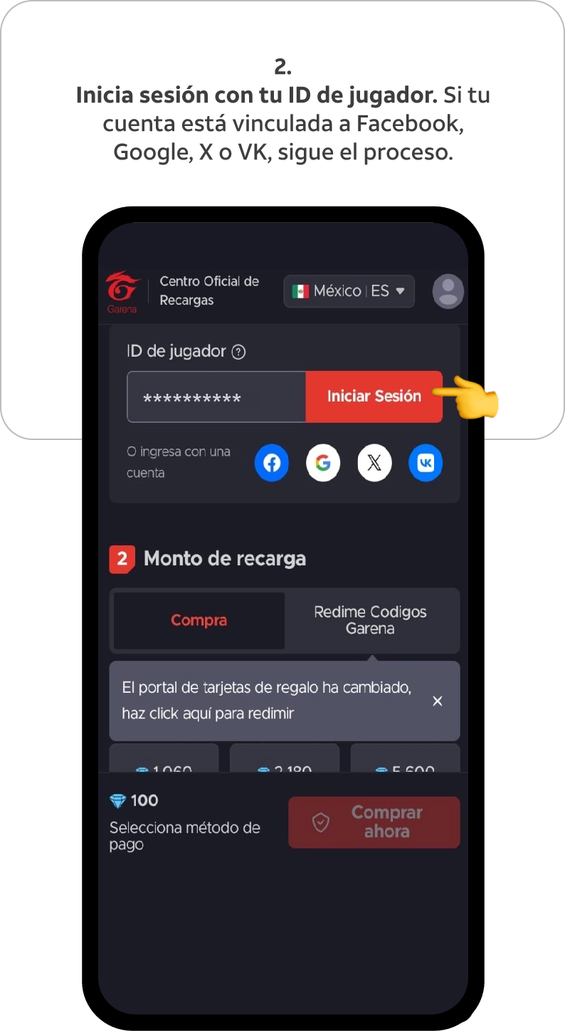  Inicia sesión con tu ID de jugador. Si tu cuenta está vinculada a Facebook, Google, X o VK, sigue el proceso.