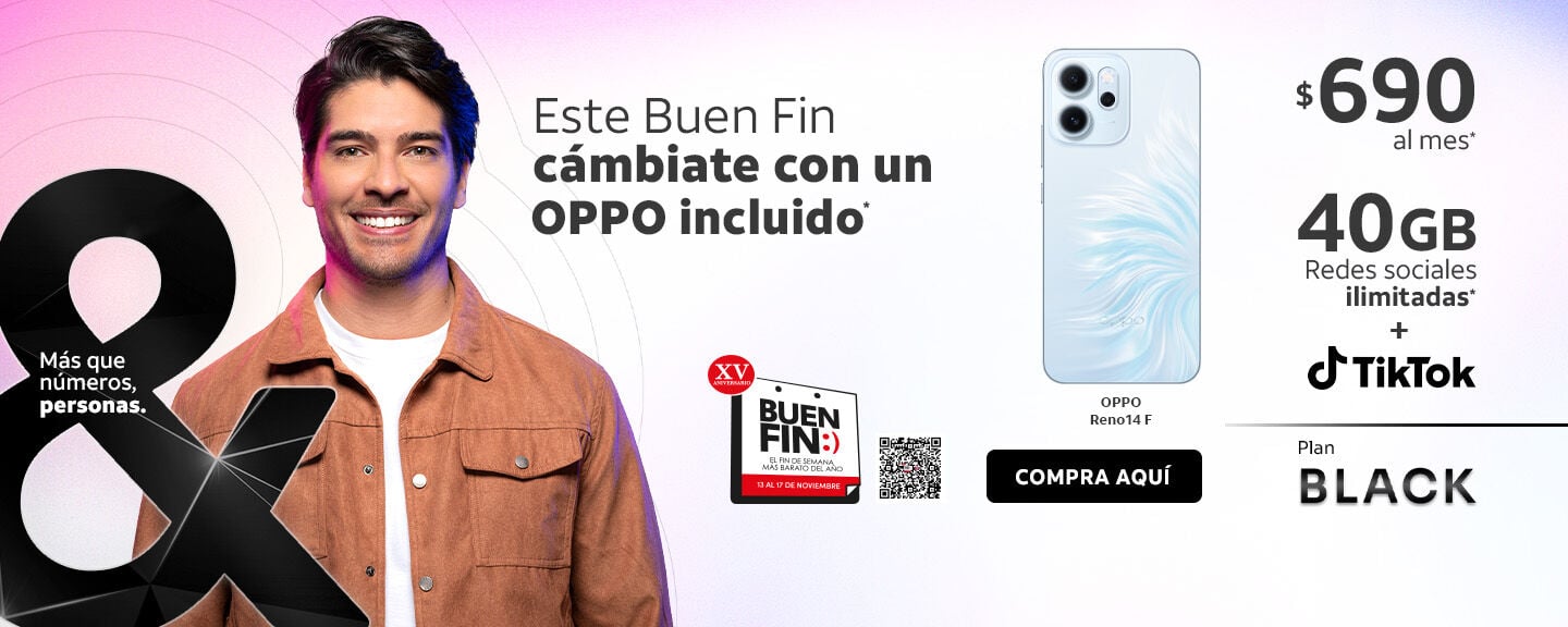 Este buen fin cámbiate con un OPPO Reno 14 F incluido en un plan AT&T black