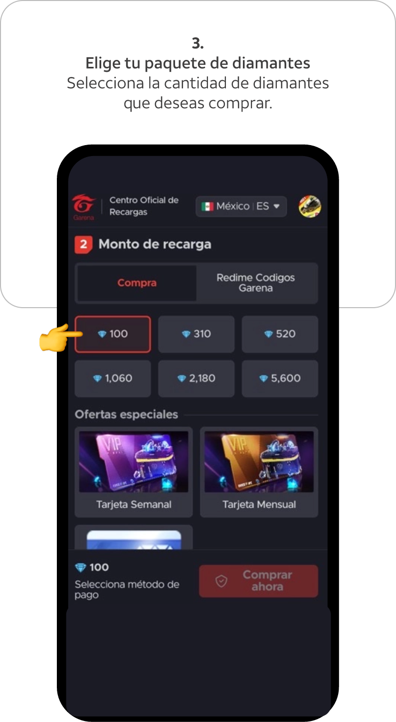 Elige tu paquete de diamantes. Selecciona la cantidad de diamantes que deseas comprar.