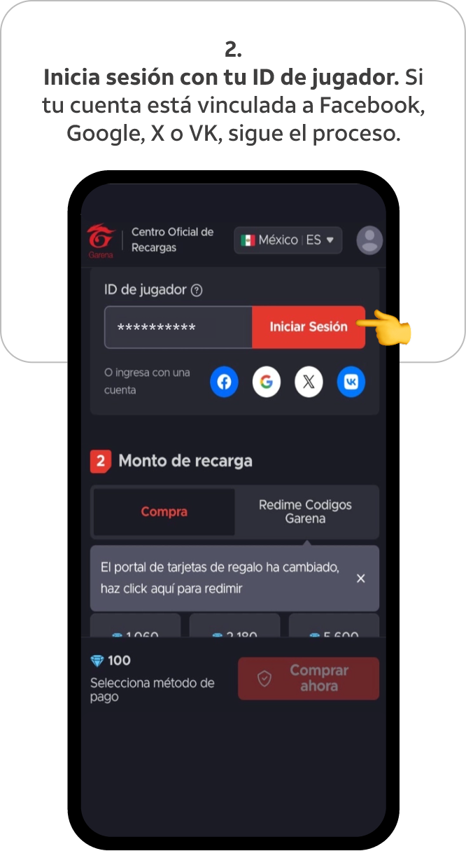 Inicia sesión con tu ID de jugador. Si tu cuenta está vinculada a Facebook, Google, X o VK, sigue el proceso.